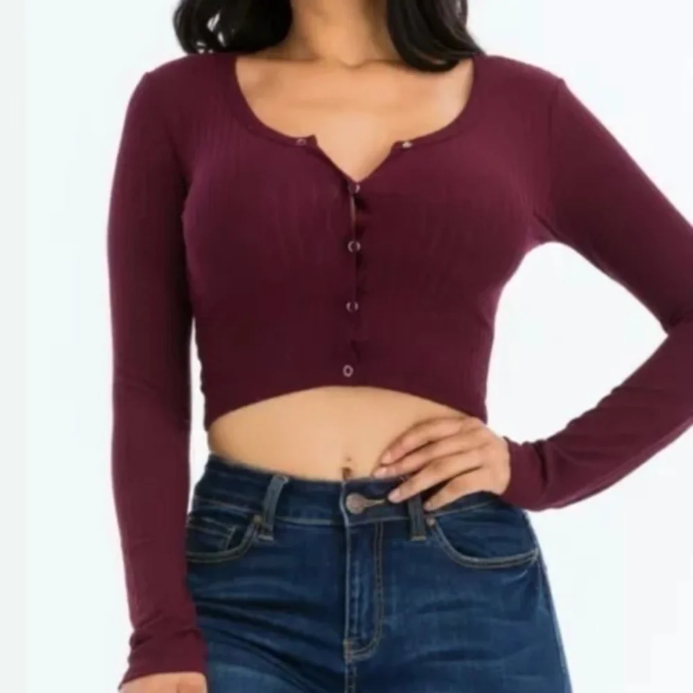 Snap Button Crop Ribbed Long Sleeve Cardigan Top
